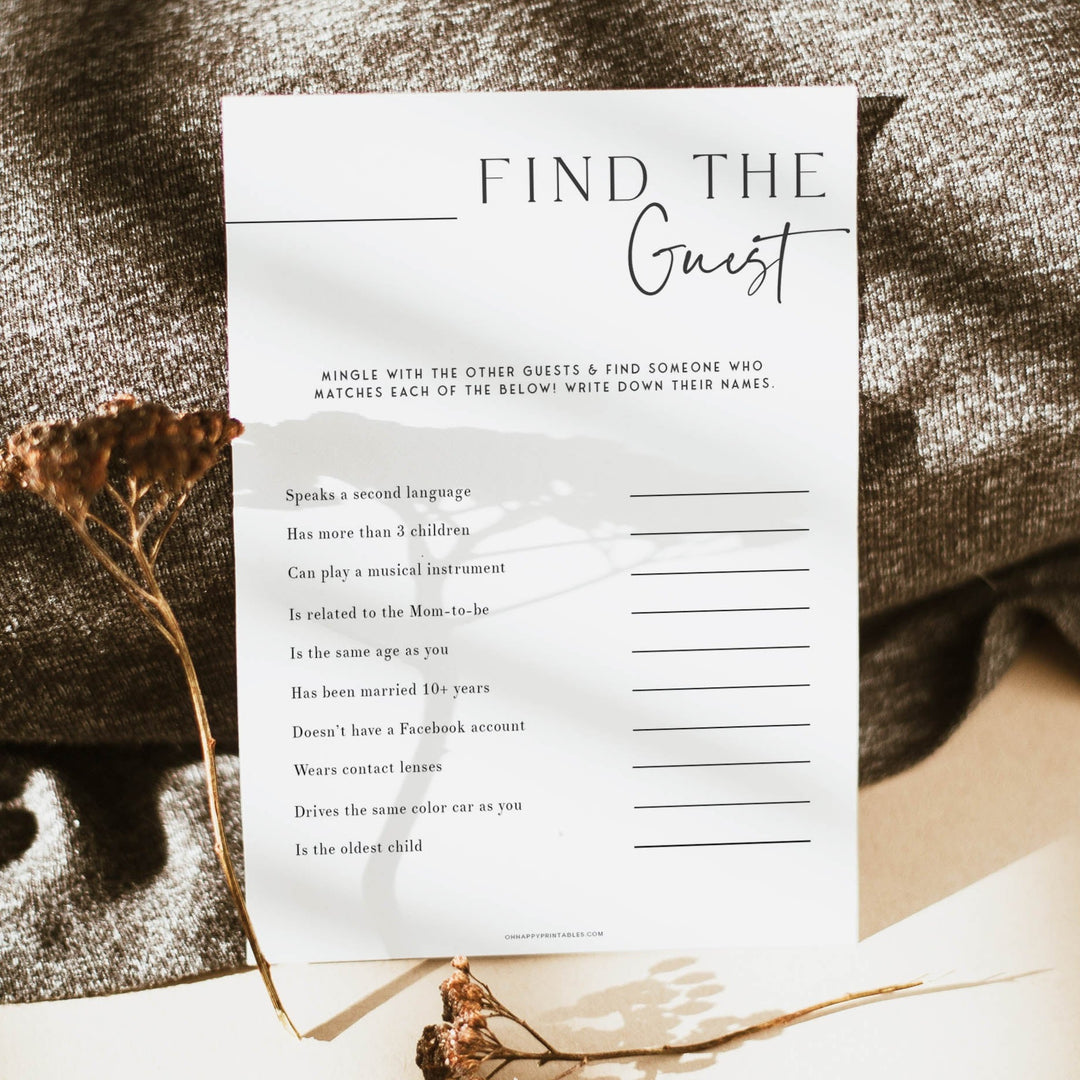 Printable baby shower game find the guest with a modern minimalist design