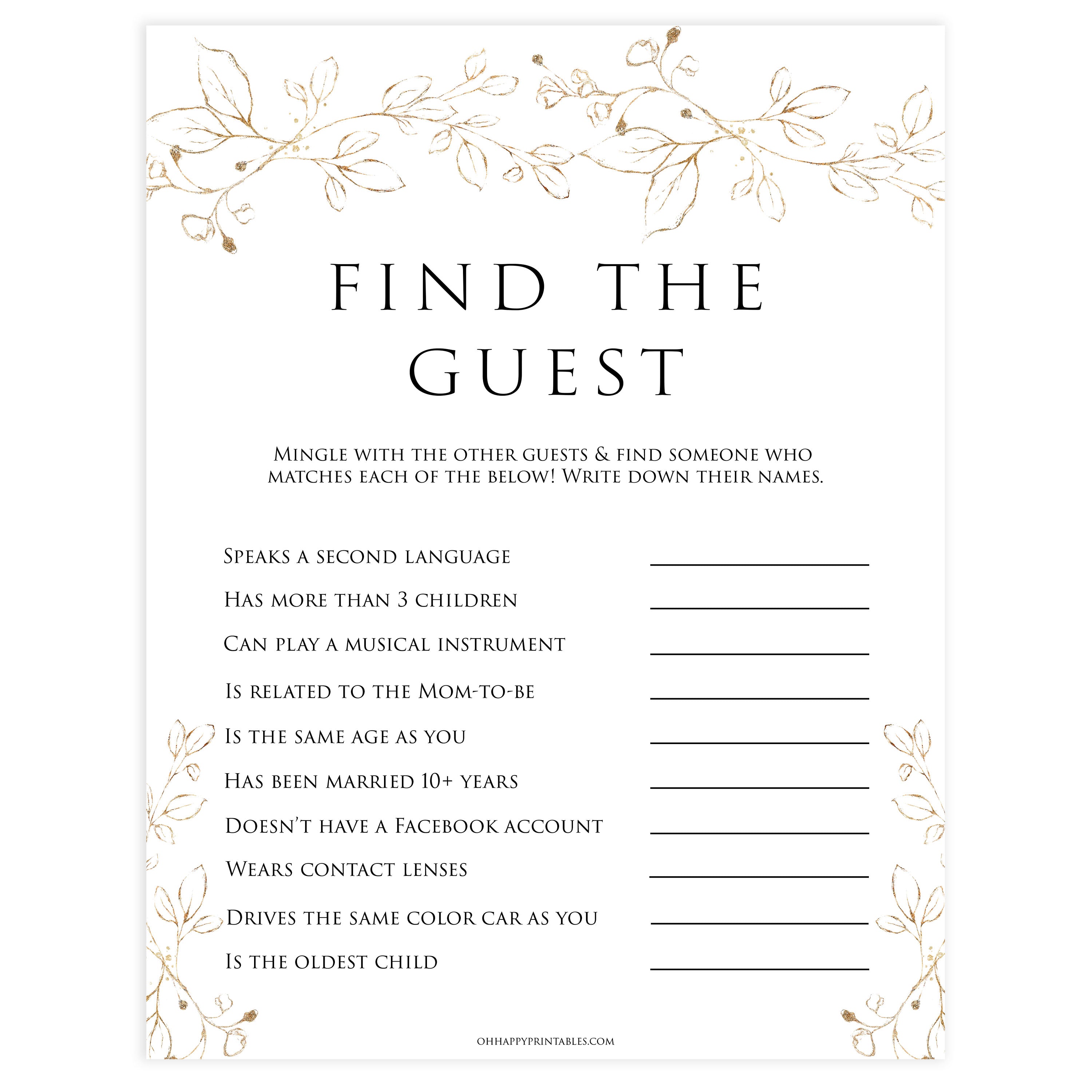 find the guest baby game, Printable baby shower games, gold leaf baby games, baby shower games, fun baby shower ideas, top baby shower ideas, gold leaf baby shower, baby shower games, fun gold leaf baby shower ideas