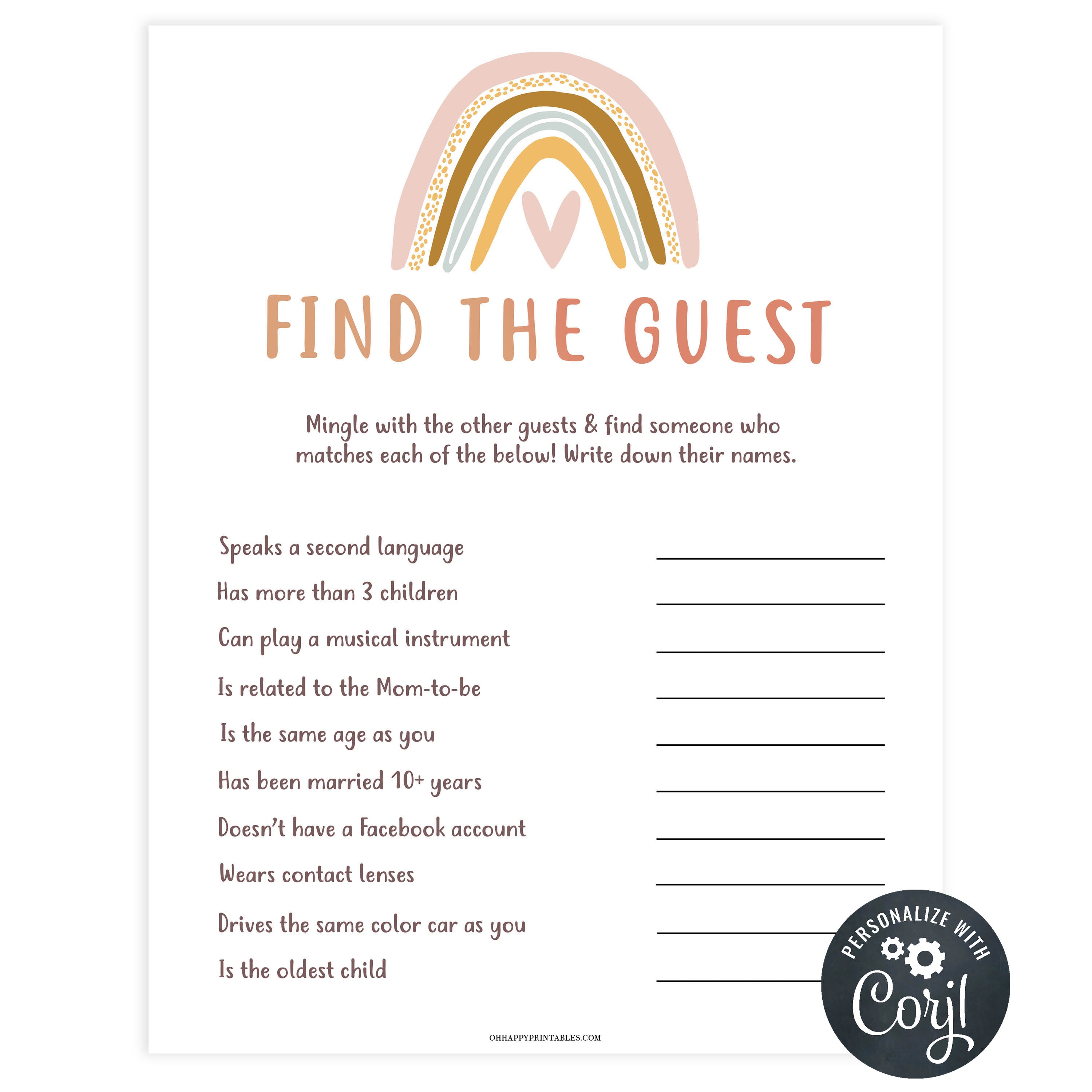 editable find the guest baby shower game, printable baby shower games, boho rainbow baby shower games, boho baby shower