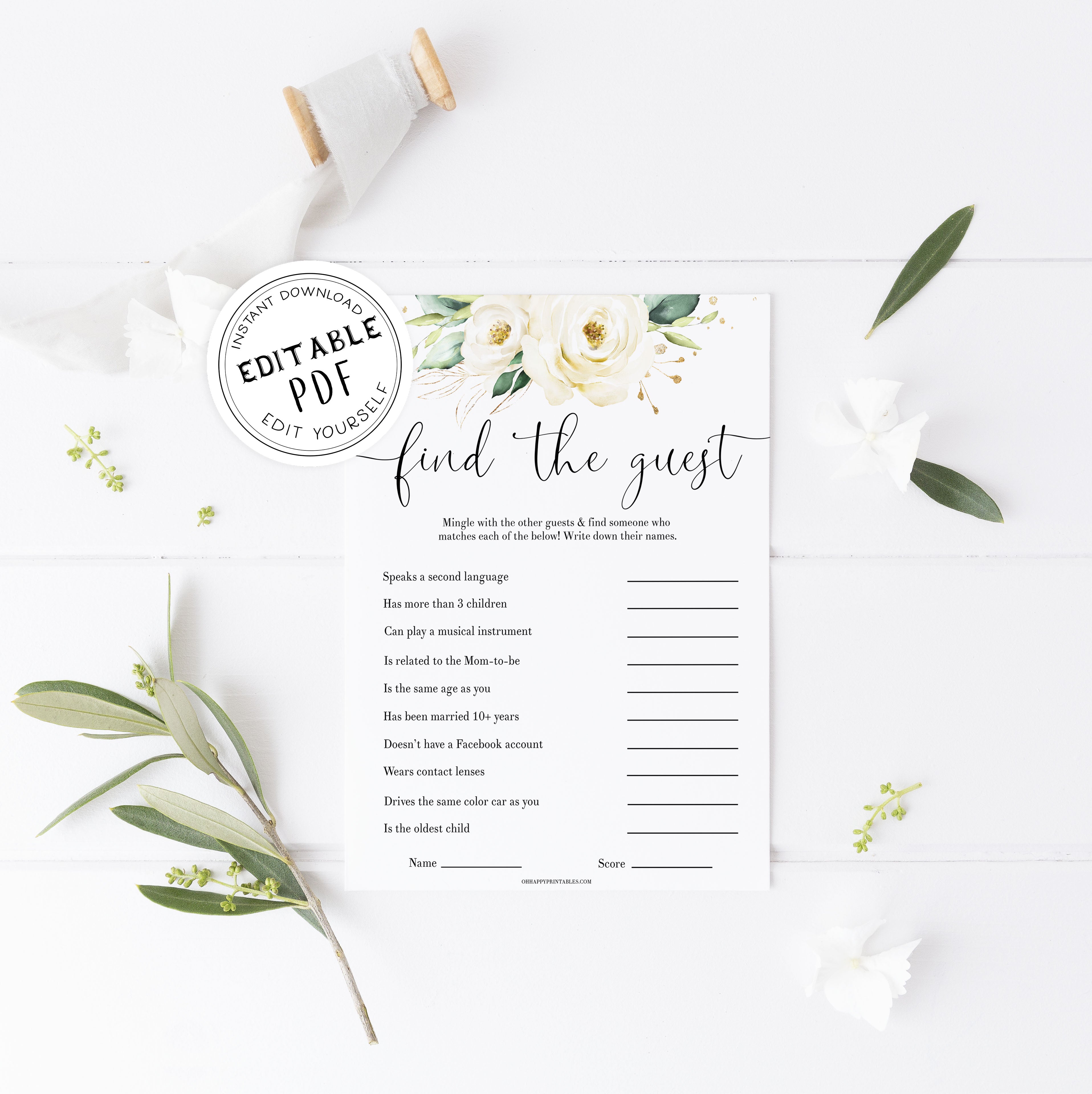 Editable Find the guest baby game, Printable baby shower games, shite floral baby games, baby shower games, fun baby shower ideas, top baby shower ideas, floral baby shower, baby shower games, fun floral baby shower ideas