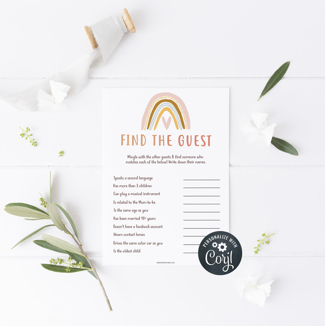 editable find the guest baby shower game, printable baby shower games, boho rainbow baby shower games, boho baby shower