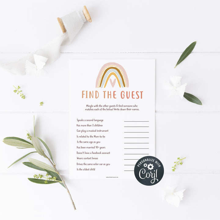 editable find the guest baby shower game, printable baby shower games, boho rainbow baby shower games, boho baby shower