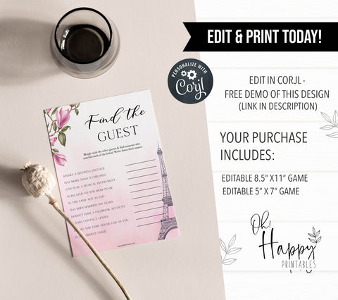editable find the guest baby game, Paris baby shower games, printable baby shower games, Parisian baby shower games, fun baby shower games