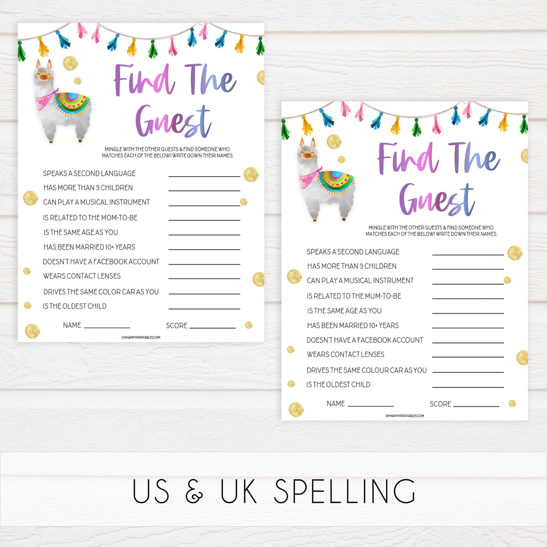 find the guest game, Printable baby shower games, llama fiesta fun baby games, baby shower games, fun baby shower ideas, top baby shower ideas, Llama fiesta shower baby shower, fiesta baby shower ideas