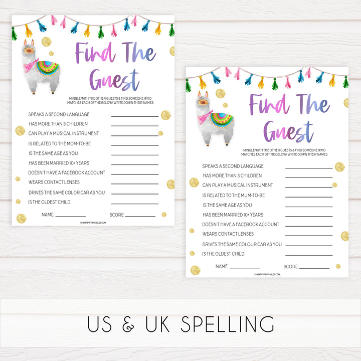 find the guest game, Printable baby shower games, llama fiesta fun baby games, baby shower games, fun baby shower ideas, top baby shower ideas, Llama fiesta shower baby shower, fiesta baby shower ideas