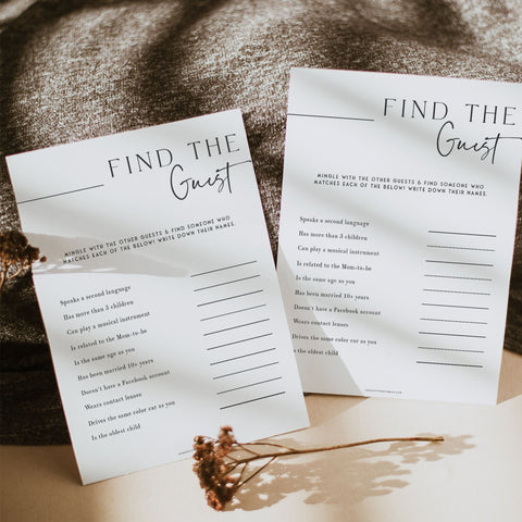 Printable baby shower game find the guest with a modern minimalist design