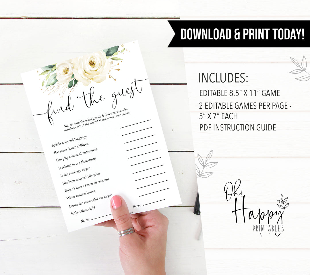 Editable Find the guest baby game, Printable baby shower games, shite floral baby games, baby shower games, fun baby shower ideas, top baby shower ideas, floral baby shower, baby shower games, fun floral baby shower ideas