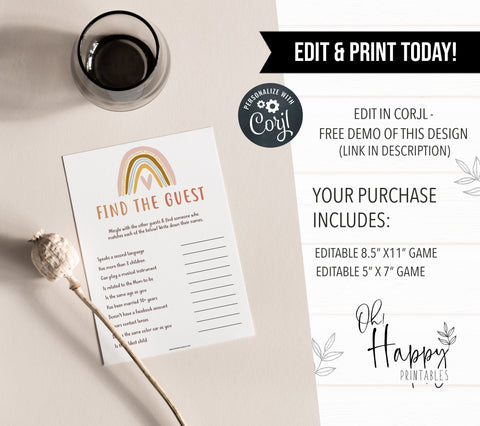 editable find the guest baby shower game, printable baby shower games, boho rainbow baby shower games, boho baby shower