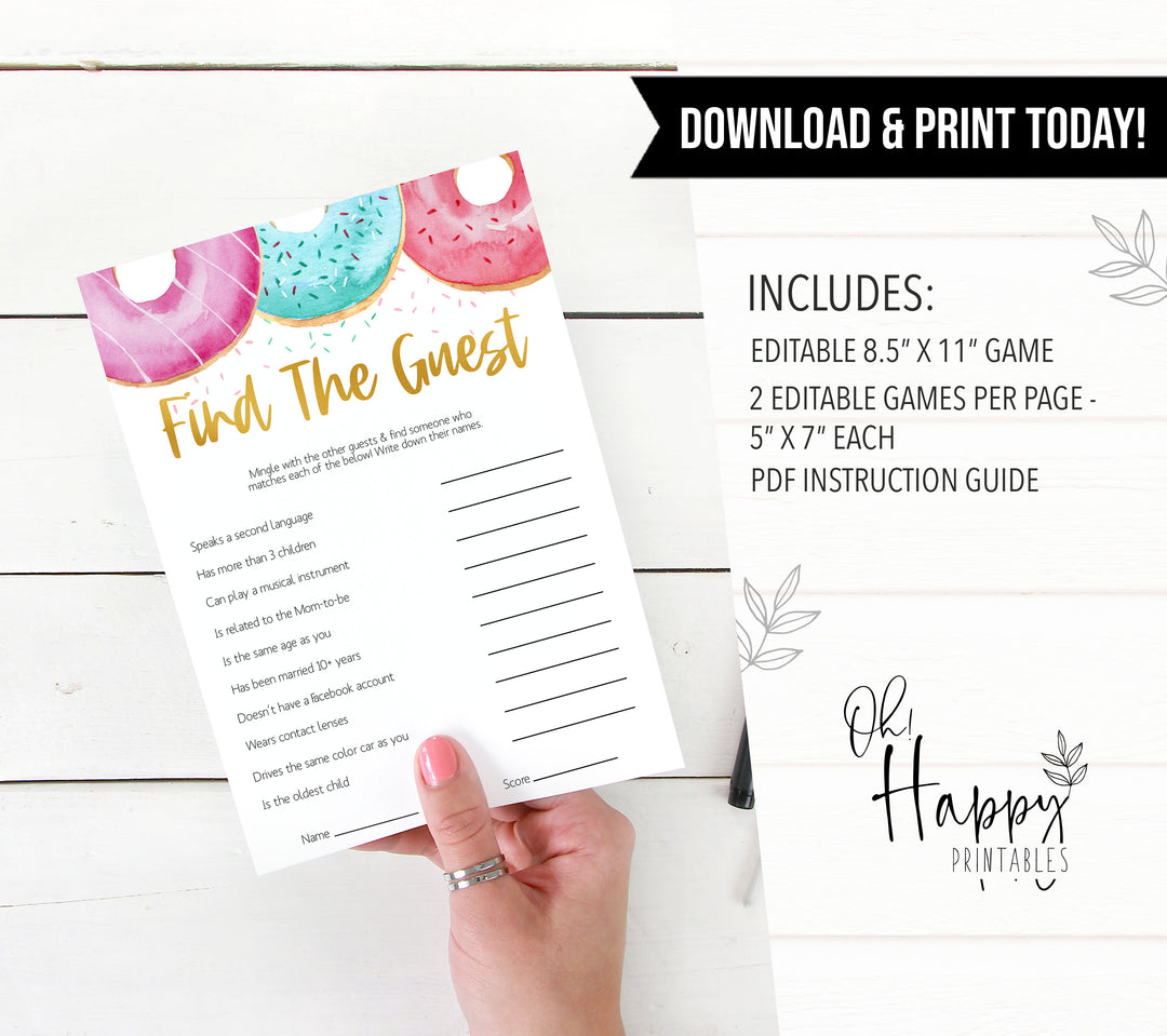 editable baby games, find the guest baby shower game, Printable baby shower games, donut baby games, baby shower games, fun baby shower ideas, top baby shower ideas, donut sprinkles baby shower, baby shower games, fun donut baby shower ideas