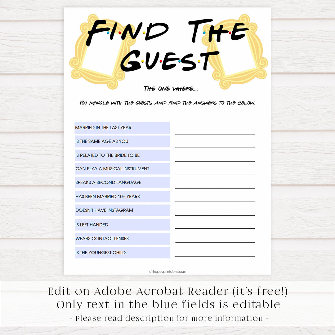 bridal find the guest, editable bridal games, Printable bridal shower games, friends bridal shower, friends bridal shower games, fun bridal shower games, bridal shower game ideas, friends bridal shower