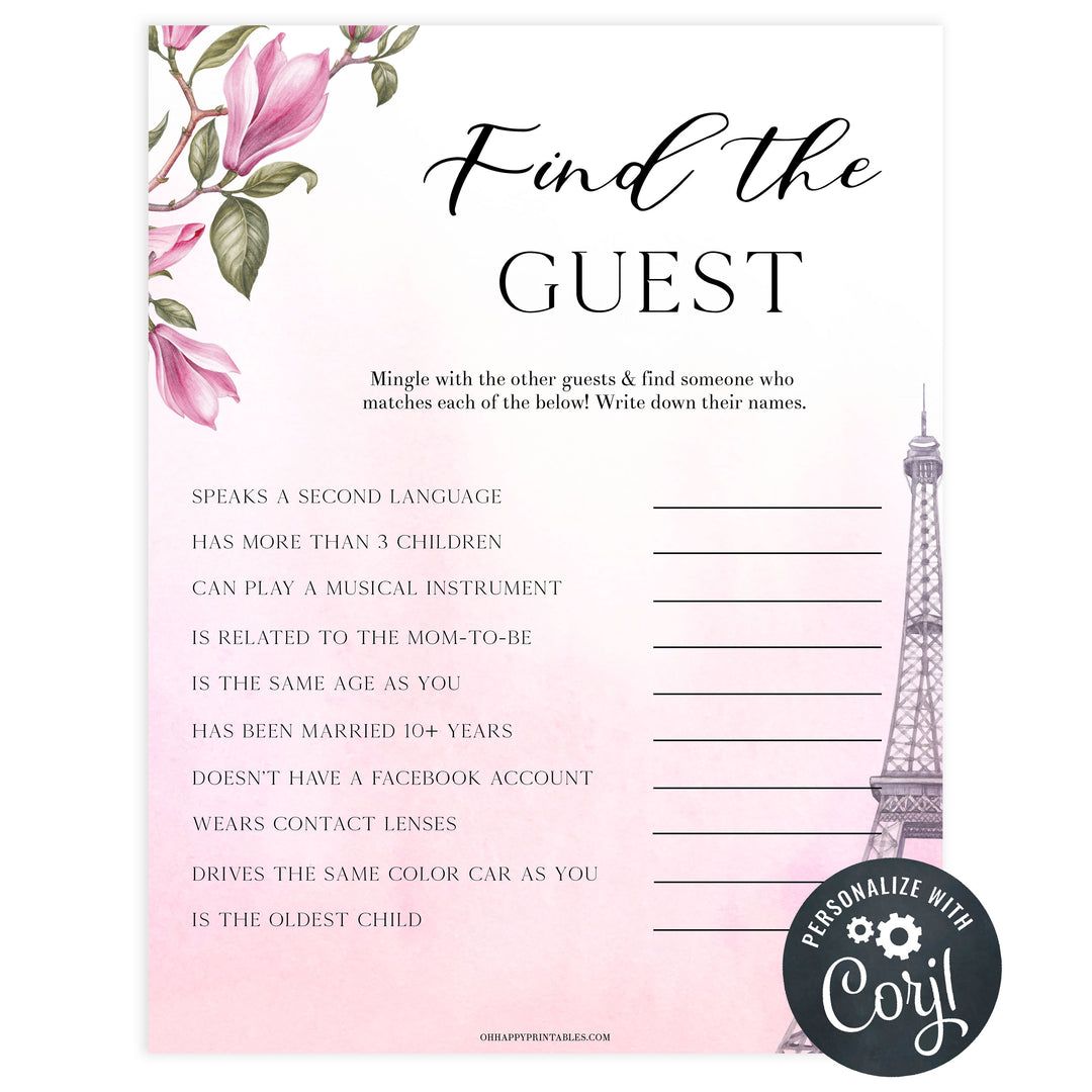 editable find the guest baby game, Paris baby shower games, printable baby shower games, Parisian baby shower games, fun baby shower games