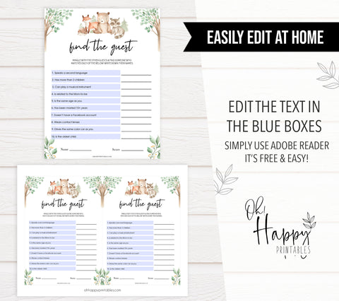 editable find the guest baby shower game, Printable baby shower games, woodland animals baby games, baby shower games, fun baby shower ideas, top baby shower ideas, woodland baby shower, baby shower games, fun woodland animals baby shower ideas