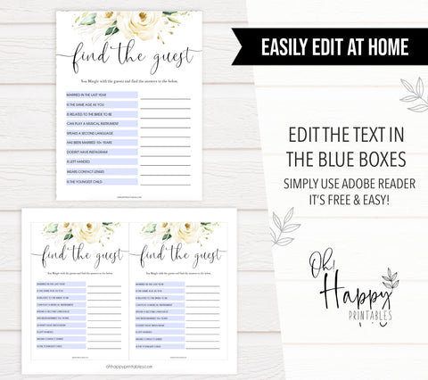 editable bridal shower games, find the guest bridal game, Printable bridal shower games, floral bridal shower, floral bridal shower games, fun bridal shower games, bridal shower game ideas, floral bridal shower