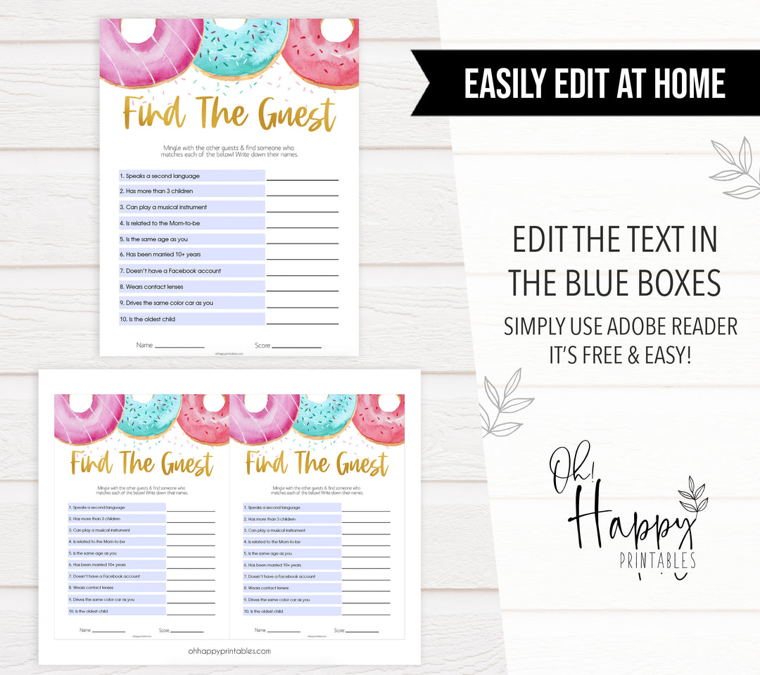 editable baby games, find the guest baby shower game, Printable baby shower games, donut baby games, baby shower games, fun baby shower ideas, top baby shower ideas, donut sprinkles baby shower, baby shower games, fun donut baby shower ideas