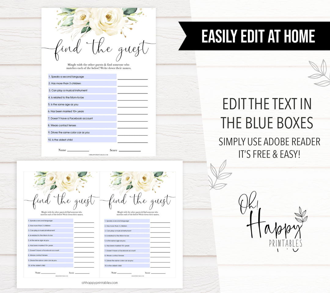 Editable Find the guest baby game, Printable baby shower games, shite floral baby games, baby shower games, fun baby shower ideas, top baby shower ideas, floral baby shower, baby shower games, fun floral baby shower ideas
