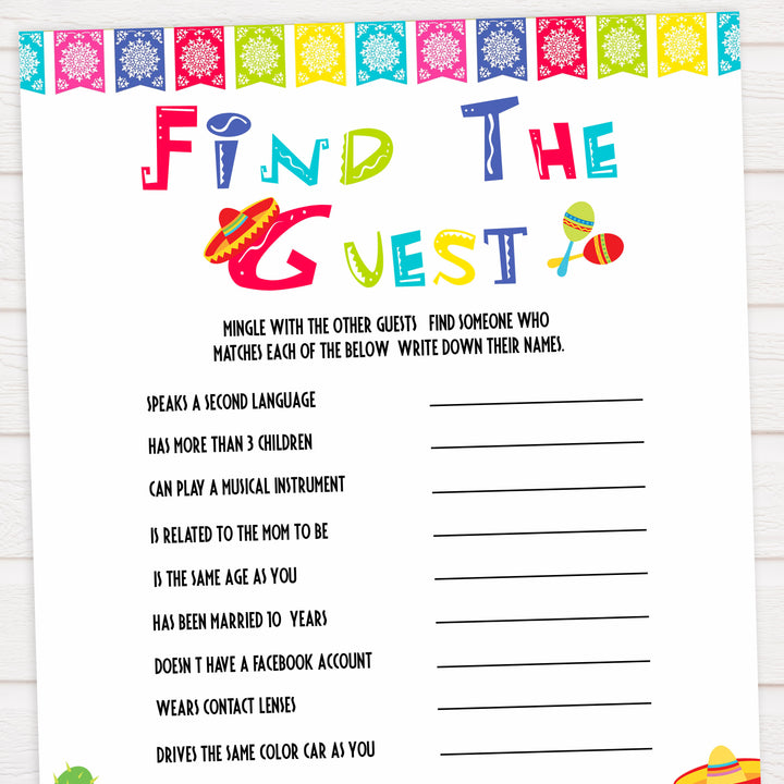 find the guest baby game, Printable baby shower games, Mexican fiesta fun baby games, baby shower games, fun baby shower ideas, top baby shower ideas, fiesta shower baby shower, fiesta baby shower ideas