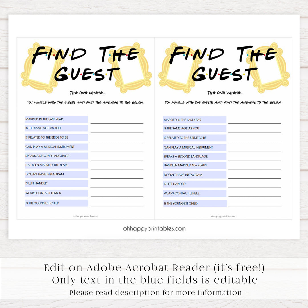 bridal find the guest, editable bridal games, Printable bridal shower games, friends bridal shower, friends bridal shower games, fun bridal shower games, bridal shower game ideas, friends bridal shower