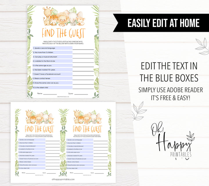 editable find the guest baby game, Printable baby shower games, safari animals baby games, baby shower games, fun baby shower ideas, top baby shower ideas, safari animals baby shower, baby shower games, fun baby shower ideas