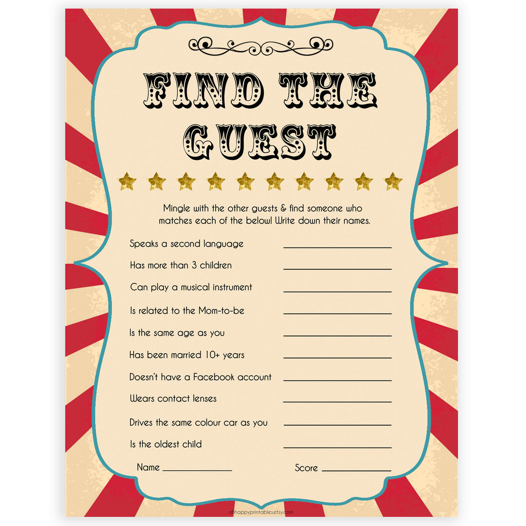 Circus find the guest baby shower games, circus baby games, carnival baby games, printable baby games, fun baby games, popular baby games, carnival baby shower, carnival theme