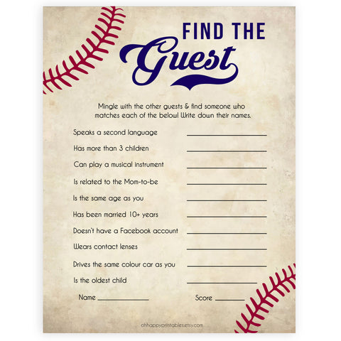 Baseball Find The Guest Baby Shower Game, Find the Guest, Ice Breaker Game, Baby Shower Games, Baseball Baby Shower, Find the Guest, printable baby shower games, fun baby shower games, popular baby shower games