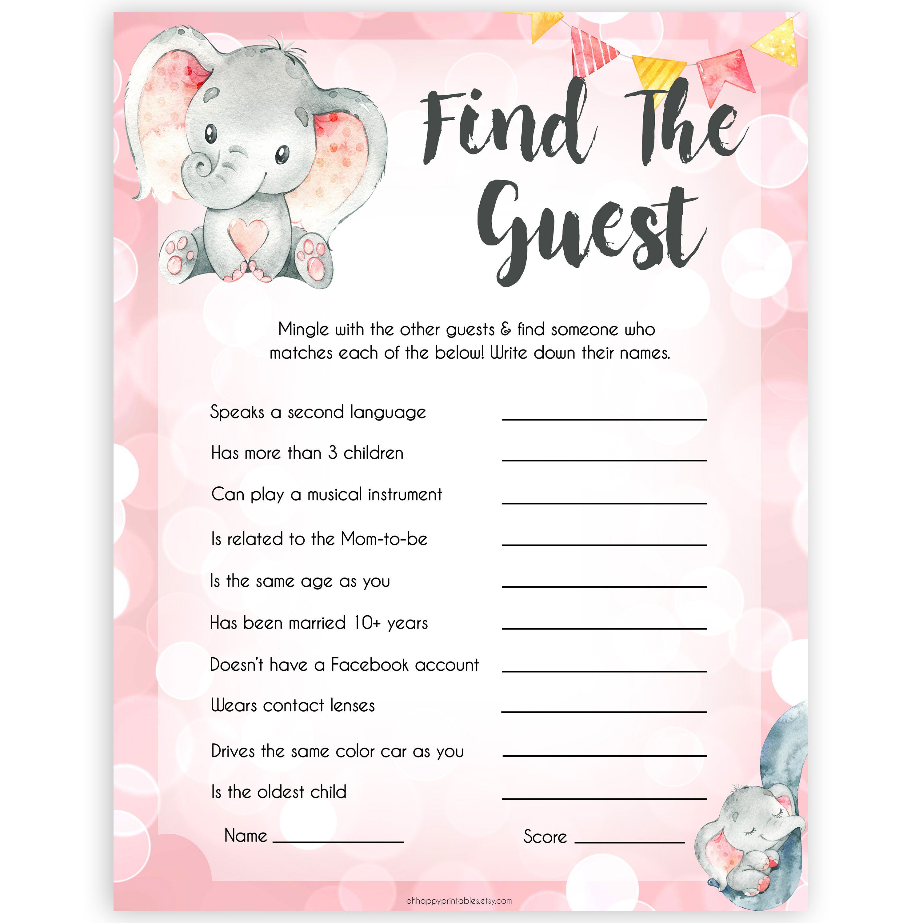 pink elephant baby games, find the guest baby shower games, printable baby shower games, baby shower games, fun baby games, popular baby games, pink baby games