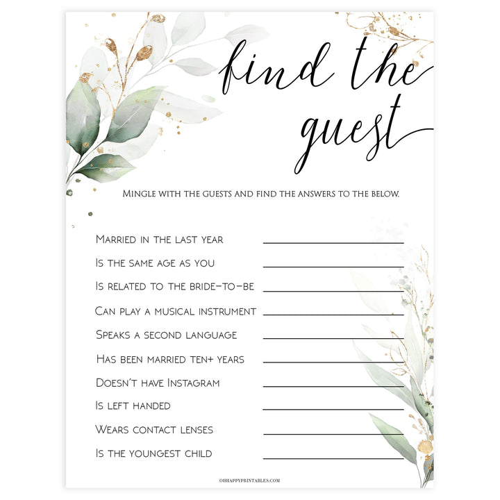 find the guest game, Printable bridal shower games, greenery bridal shower, gold leaf bridal shower games, fun bridal shower games, bridal shower game ideas, greenery bridal shower