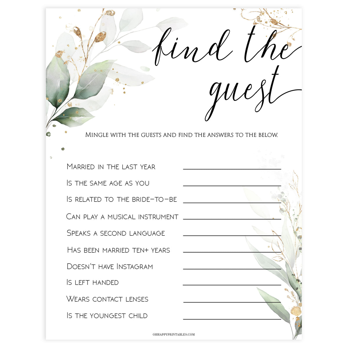 find the guest game, Printable bridal shower games, greenery bridal shower, gold leaf bridal shower games, fun bridal shower games, bridal shower game ideas, greenery bridal shower