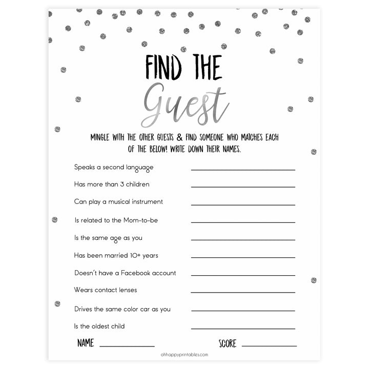find the guest baby game, Printable baby shower games, baby silver glitter fun baby games, baby shower games, fun baby shower ideas, top baby shower ideas, silver glitter shower baby shower, friends baby shower ideas