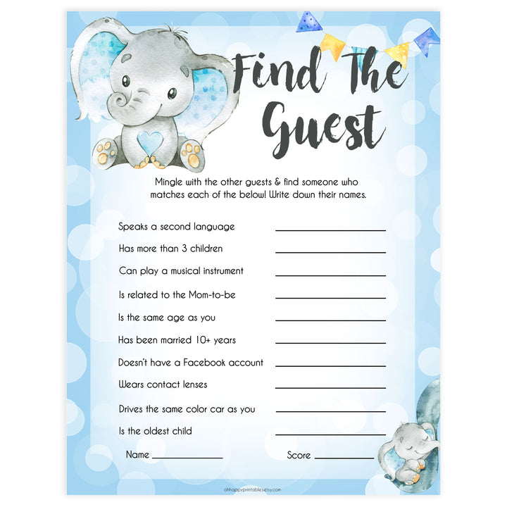 Blue elephant baby games, find the guest, elephant baby games, printable baby games, top baby games, best baby shower games, baby shower ideas, fun baby games, elephant baby shower