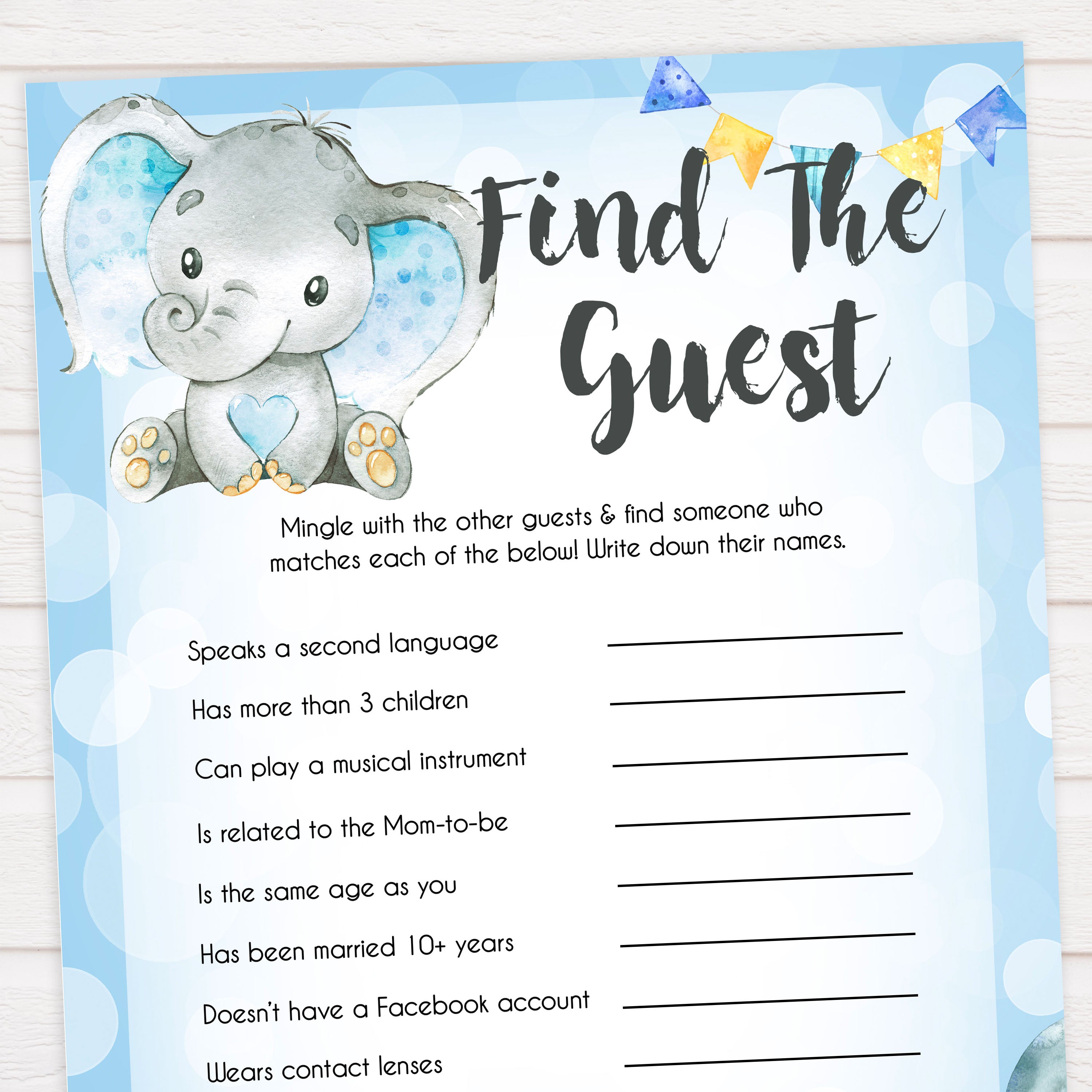 Blue elephant baby games, find the guest, elephant baby games, printable baby games, top baby games, best baby shower games, baby shower ideas, fun baby games, elephant baby shower