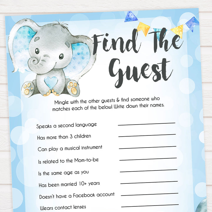 Blue elephant baby games, find the guest, elephant baby games, printable baby games, top baby games, best baby shower games, baby shower ideas, fun baby games, elephant baby shower