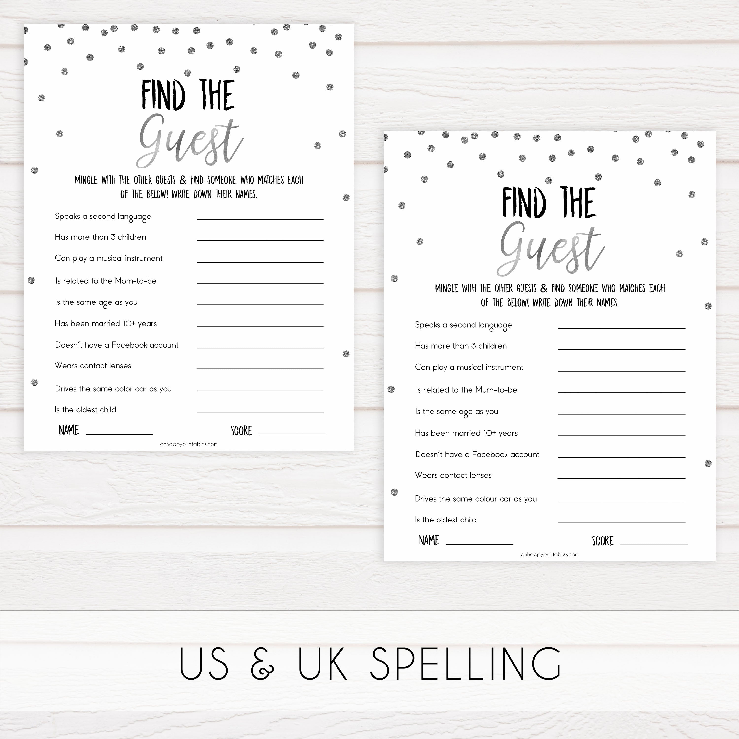 find the guest baby game, Printable baby shower games, baby silver glitter fun baby games, baby shower games, fun baby shower ideas, top baby shower ideas, silver glitter shower baby shower, friends baby shower ideas