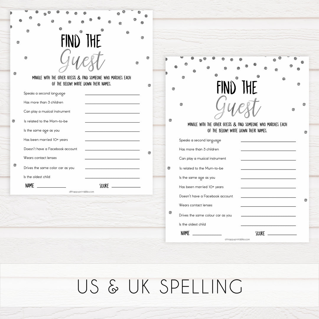 find the guest baby game, Printable baby shower games, baby silver glitter fun baby games, baby shower games, fun baby shower ideas, top baby shower ideas, silver glitter shower baby shower, friends baby shower ideas
