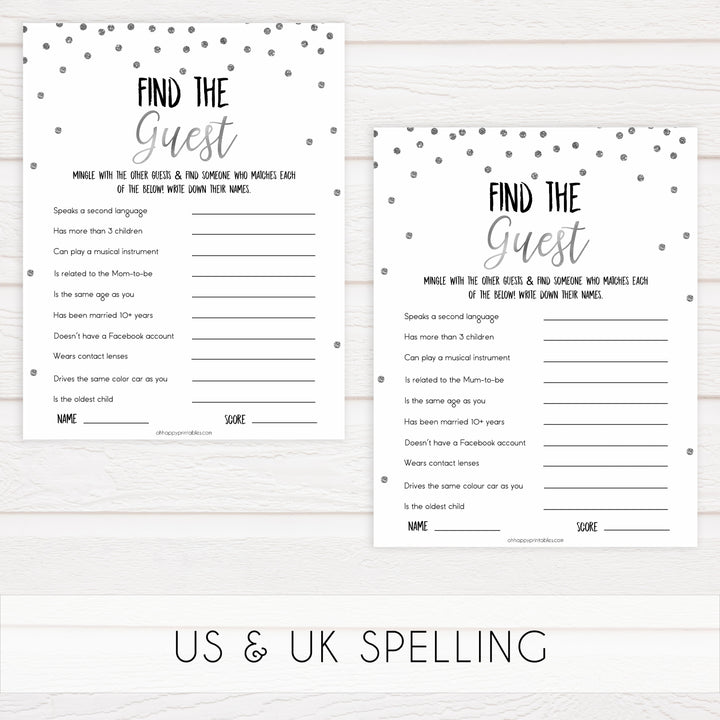 find the guest baby game, Printable baby shower games, baby silver glitter fun baby games, baby shower games, fun baby shower ideas, top baby shower ideas, silver glitter shower baby shower, friends baby shower ideas