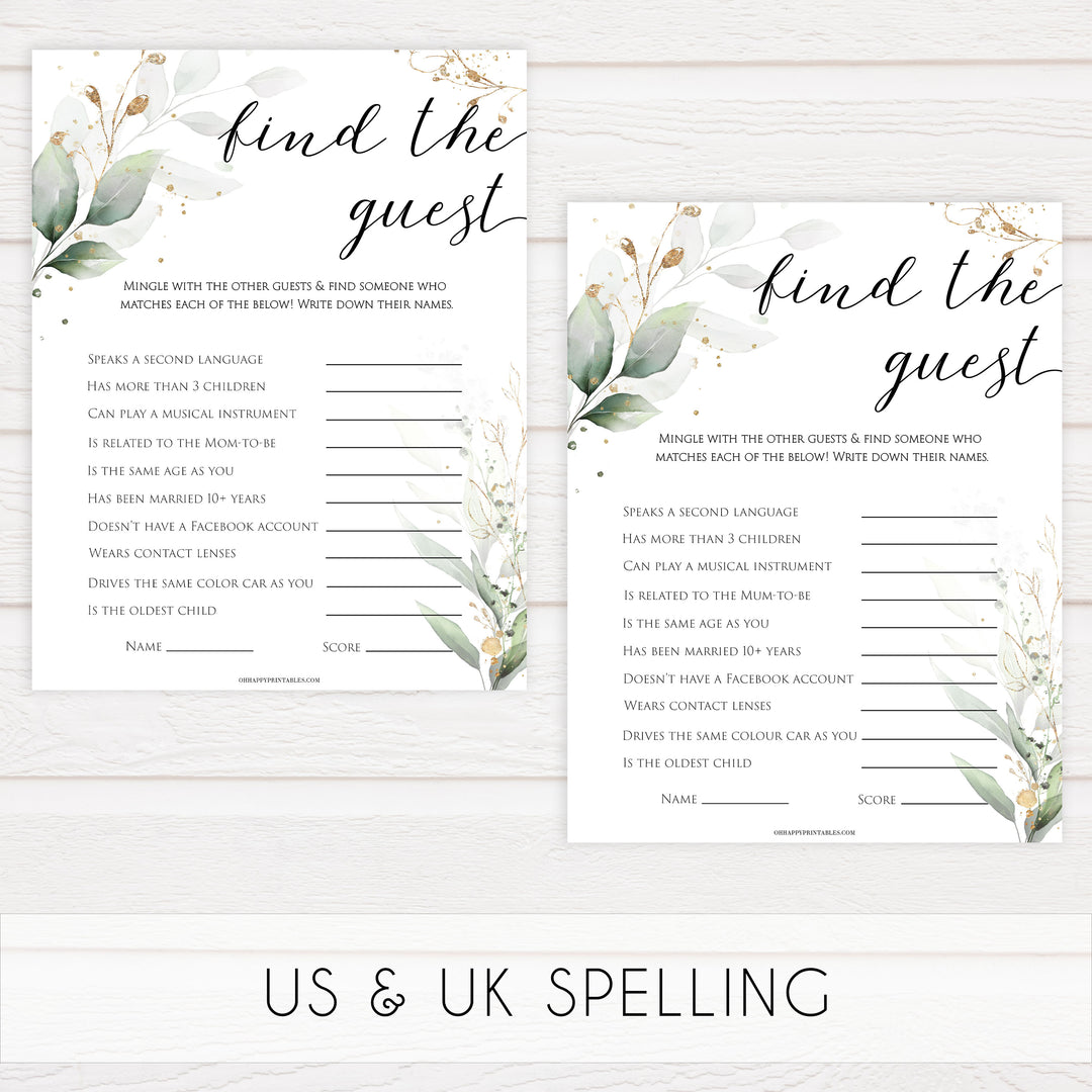 Gold green leaf baby games, find the guest baby games, printable baby games, fun baby games, top baby games to play, gold leaf baby shower, greenery baby shower ideas