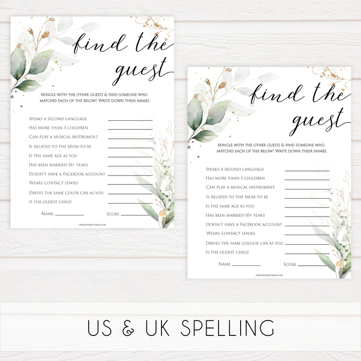 Gold green leaf baby games, find the guest baby games, printable baby games, fun baby games, top baby games to play, gold leaf baby shower, greenery baby shower ideas