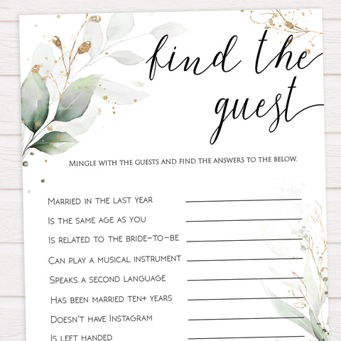 find the guest game, Printable bridal shower games, greenery bridal shower, gold leaf bridal shower games, fun bridal shower games, bridal shower game ideas, greenery bridal shower