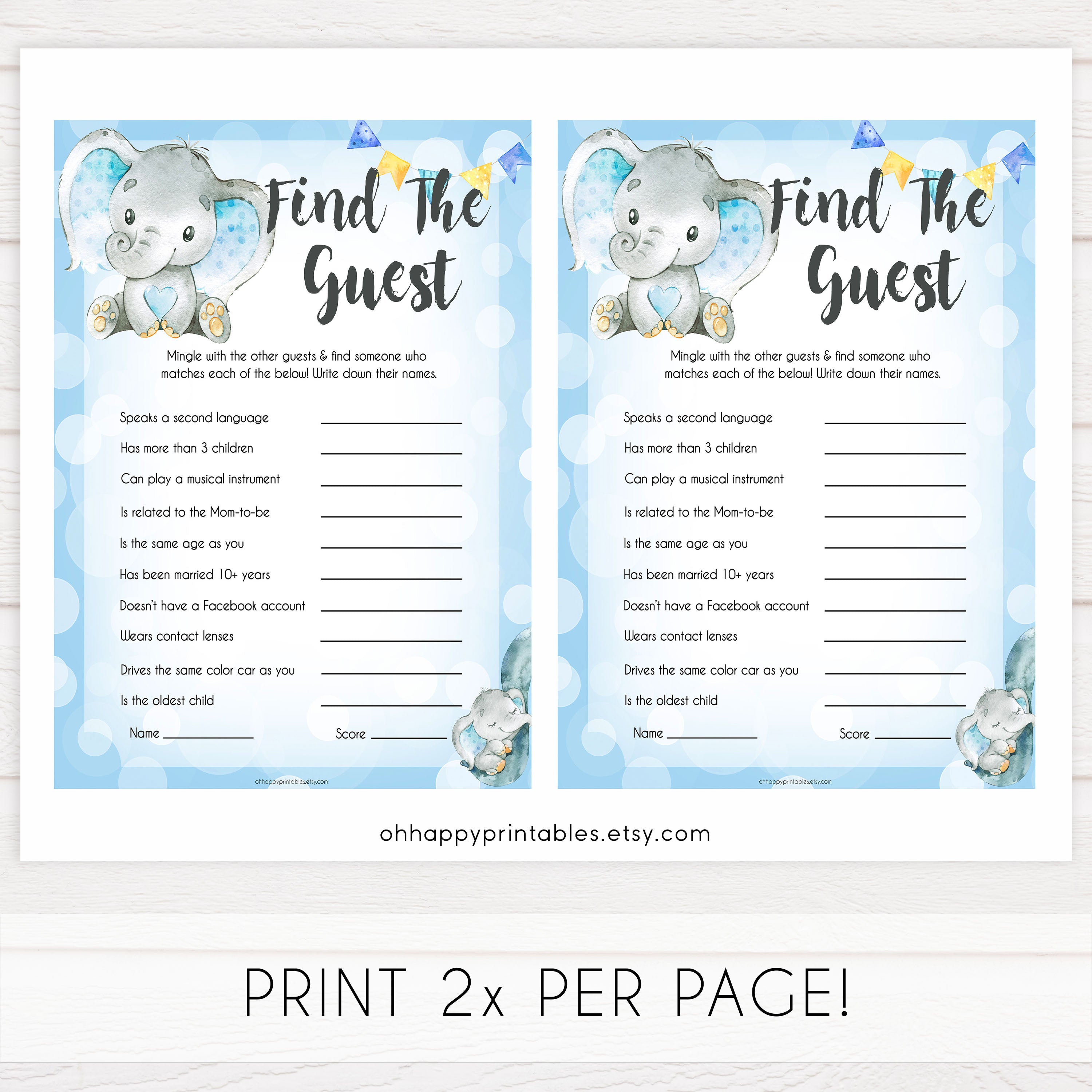 Blue elephant baby games, find the guest, elephant baby games, printable baby games, top baby games, best baby shower games, baby shower ideas, fun baby games, elephant baby shower