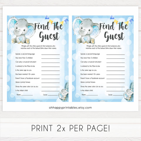 Blue elephant baby games, find the guest, elephant baby games, printable baby games, top baby games, best baby shower games, baby shower ideas, fun baby games, elephant baby shower