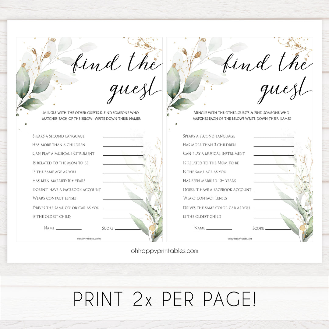 Gold green leaf baby games, find the guest baby games, printable baby games, fun baby games, top baby games to play, gold leaf baby shower, greenery baby shower ideas