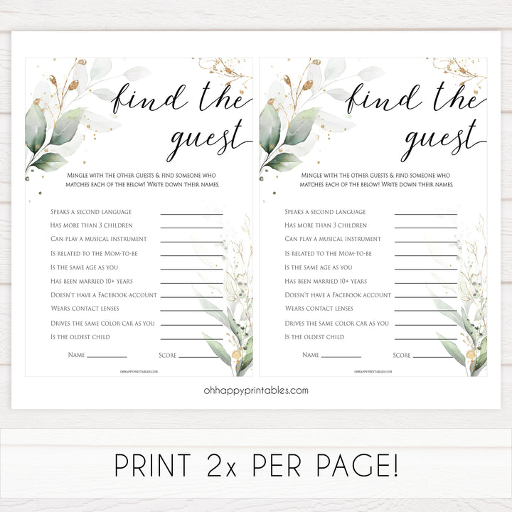 Gold green leaf baby games, find the guest baby games, printable baby games, fun baby games, top baby games to play, gold leaf baby shower, greenery baby shower ideas