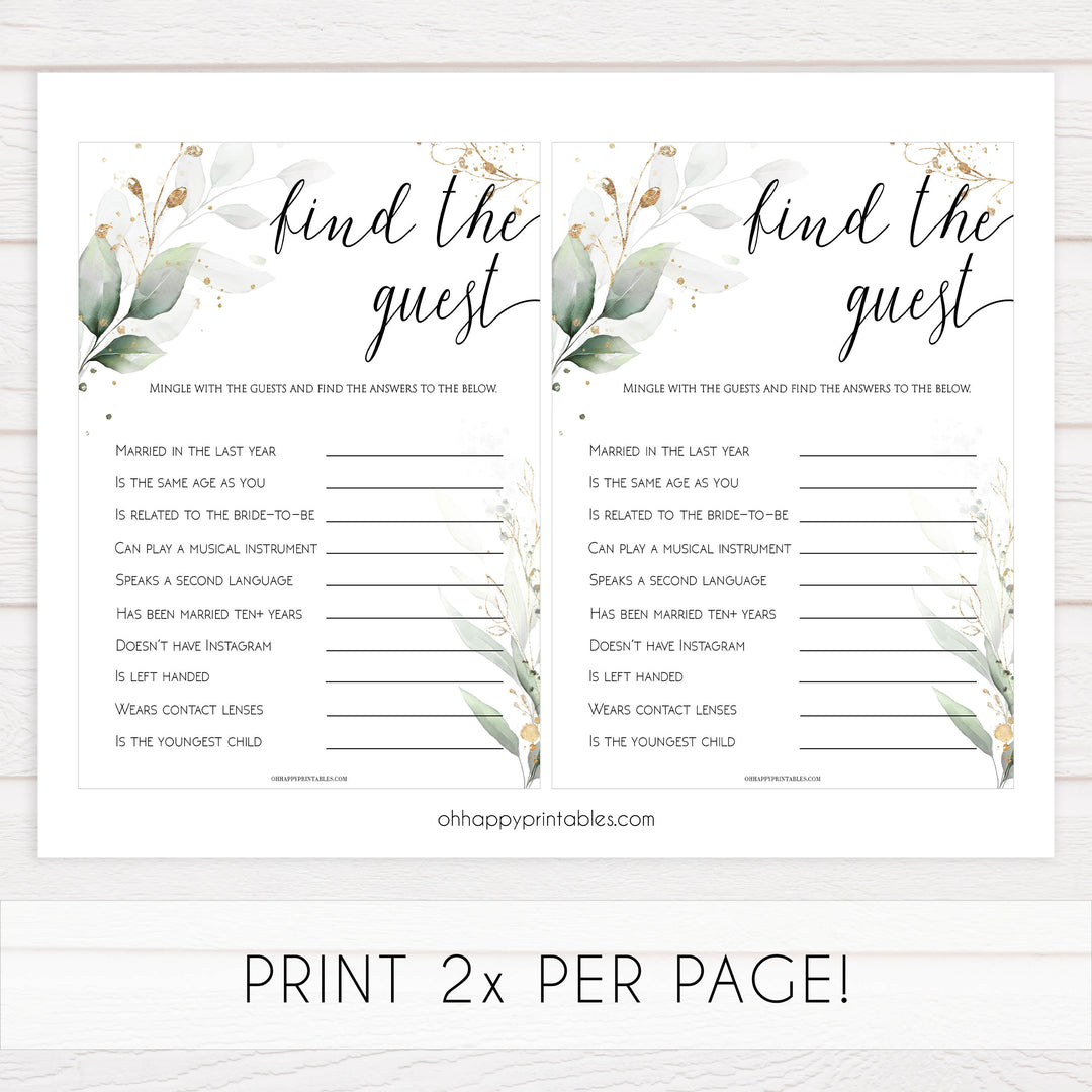 find the guest game, Printable bridal shower games, greenery bridal shower, gold leaf bridal shower games, fun bridal shower games, bridal shower game ideas, greenery bridal shower