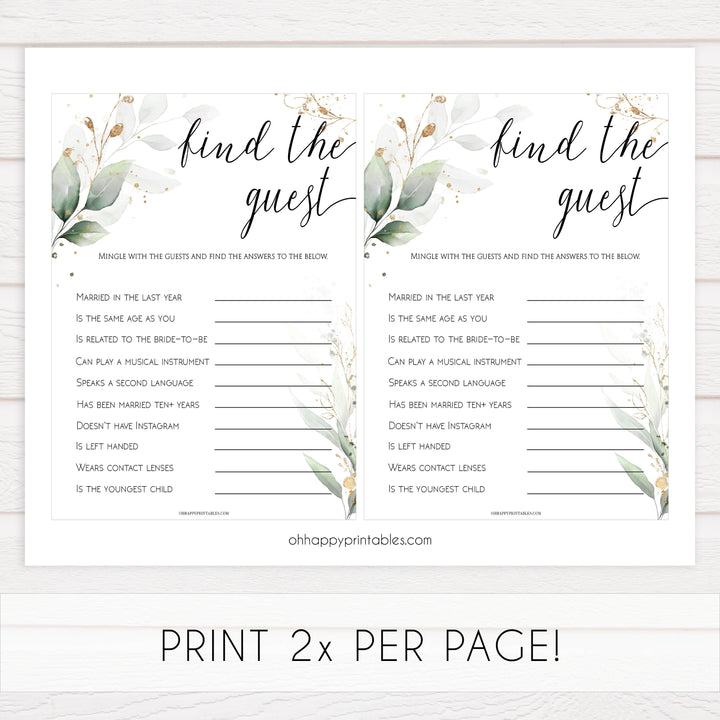 find the guest game, Printable bridal shower games, greenery bridal shower, gold leaf bridal shower games, fun bridal shower games, bridal shower game ideas, greenery bridal shower