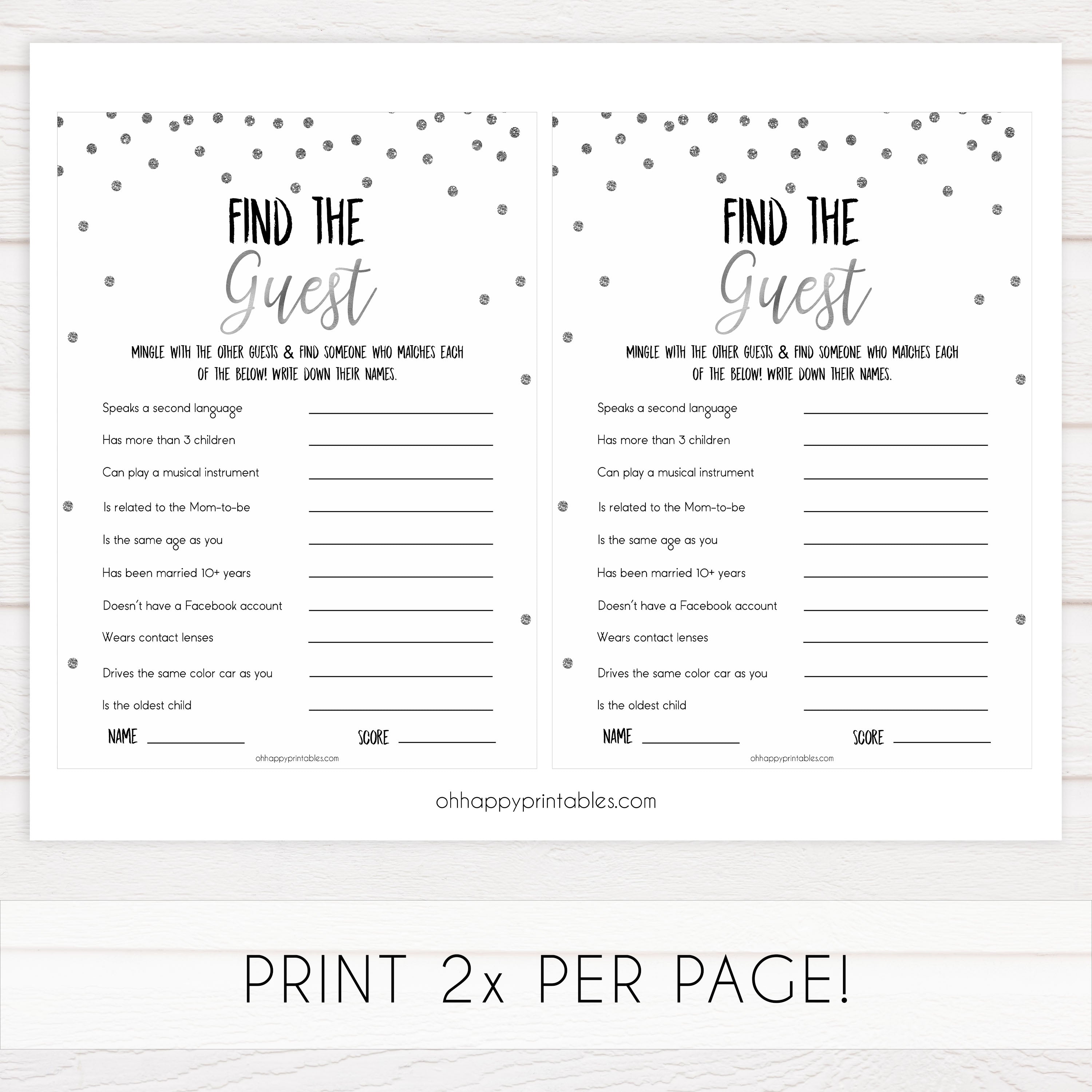 find the guest baby game, Printable baby shower games, baby silver glitter fun baby games, baby shower games, fun baby shower ideas, top baby shower ideas, silver glitter shower baby shower, friends baby shower ideas