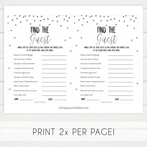find the guest baby game, Printable baby shower games, baby silver glitter fun baby games, baby shower games, fun baby shower ideas, top baby shower ideas, silver glitter shower baby shower, friends baby shower ideas