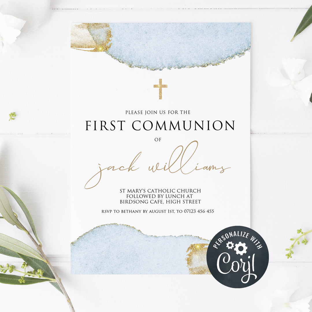 editable first communion invitation, communion invitation, blue gold first communion invitation, editable communion invitation