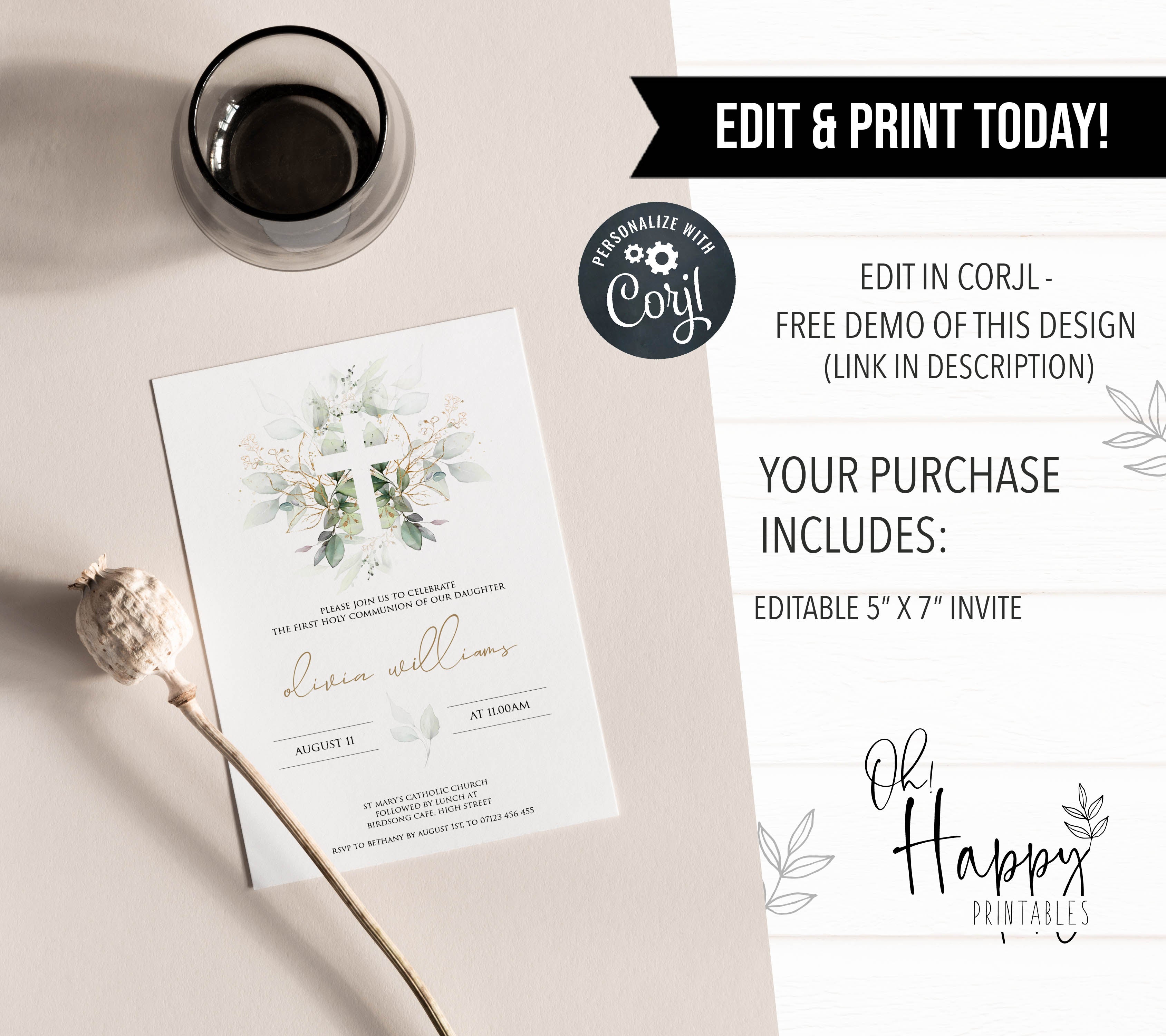 first communion editable invitation, editable invites, first communion invite, floral first communion invite
