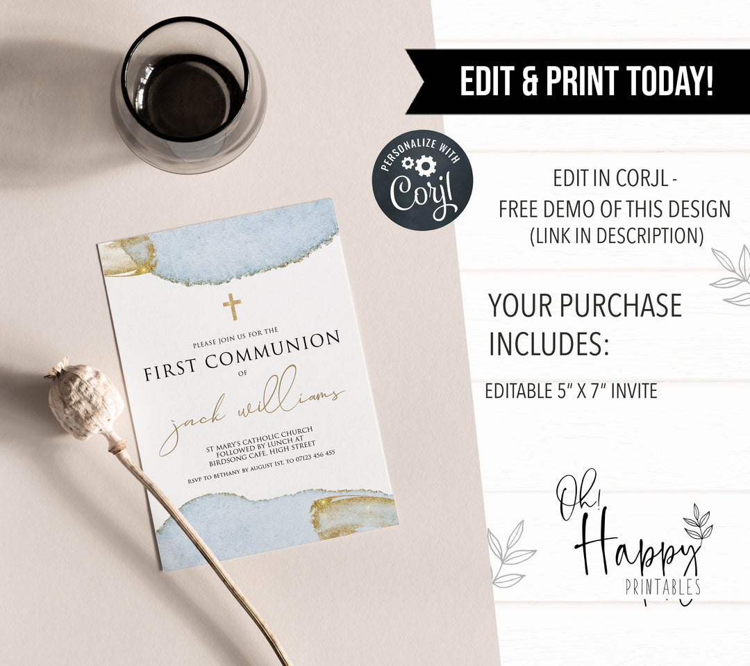 editable first communion invitation, communion invitation, blue gold first communion invitation, editable communion invitation