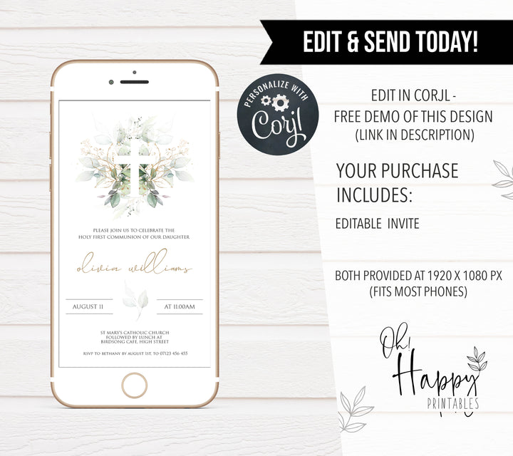 editable first communion invitation, fist communion evite, editable holy communion invitation, floral first communion evite