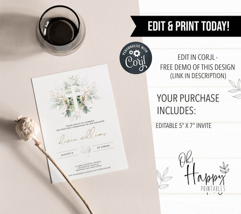 first communion editable invitation, editable invites, first communion invite, floral first communion invite